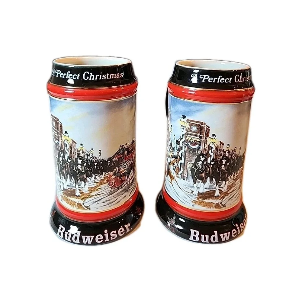 VTG 1992 Set Of 2 Budweiser Beer Christmas Steins Mugs Clydesdale Retro Art Gift